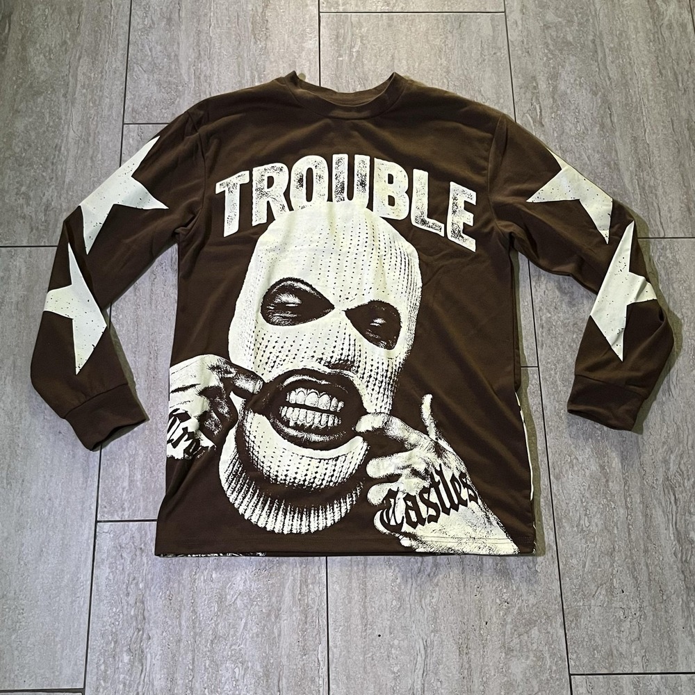 Crooks & Castles Making Trouble Shirt Mens Medium Brown Long Sleeve Graphic